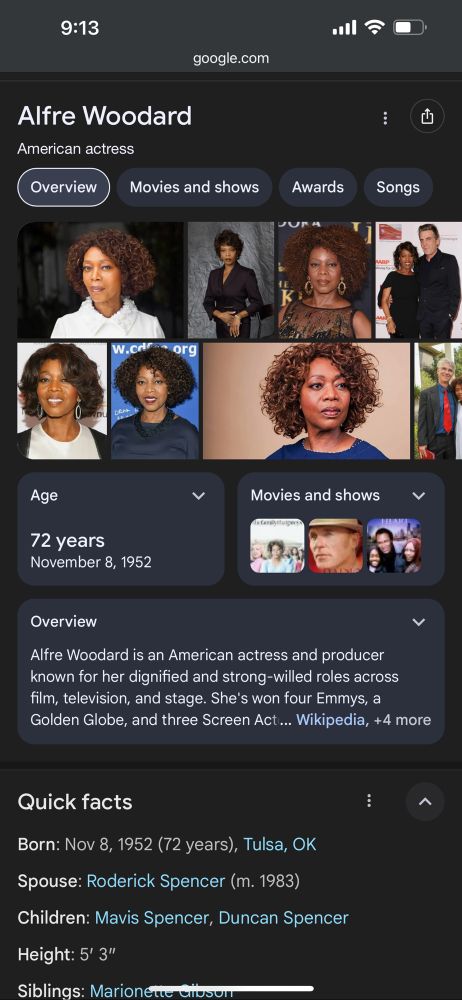 A google homepage for Alfre Woodward. Alfre Woodard is 72 years old