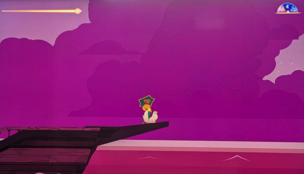 A picture from Spiritfarer, with Stella and Daffodil on the edge of the boat, at sunset with pink sea and purple clouds 