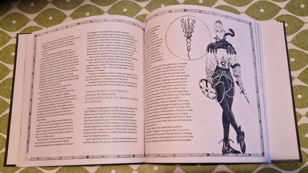 Interior of Ergo Cosmos book. Drawing of person with small shield and short sword.