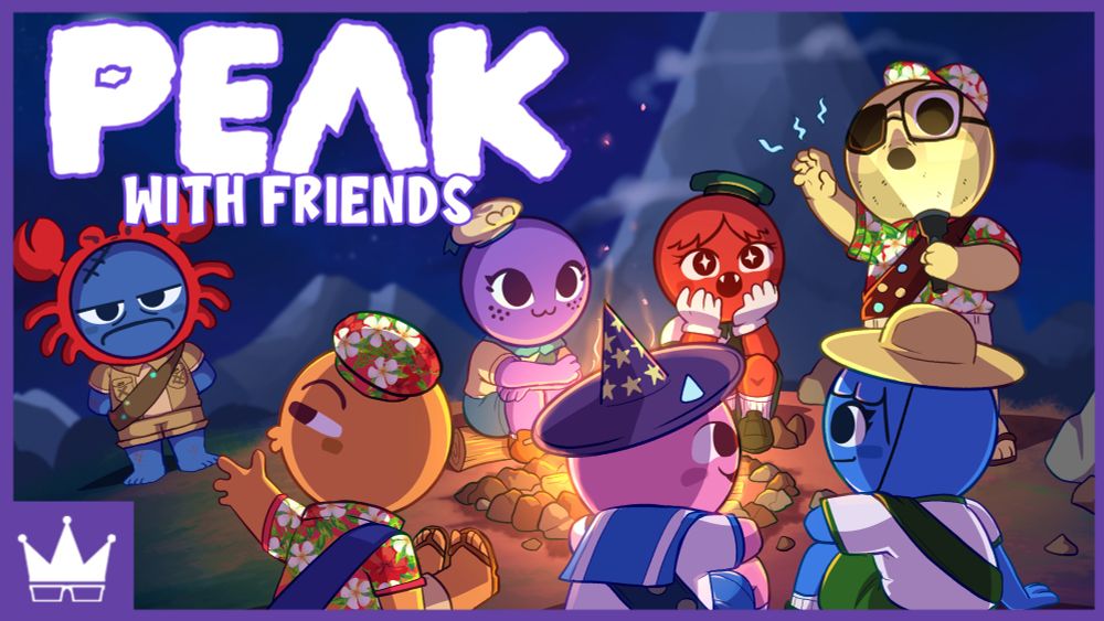 In the cool evening on top of the Peak mountain, several Peak characters in various costumes sit around a warm campfire. Ray, dressed in yellow, wearing an eyepatch and holding a flashlight below his chin, waves his hand in a spooky storytelling fashion 