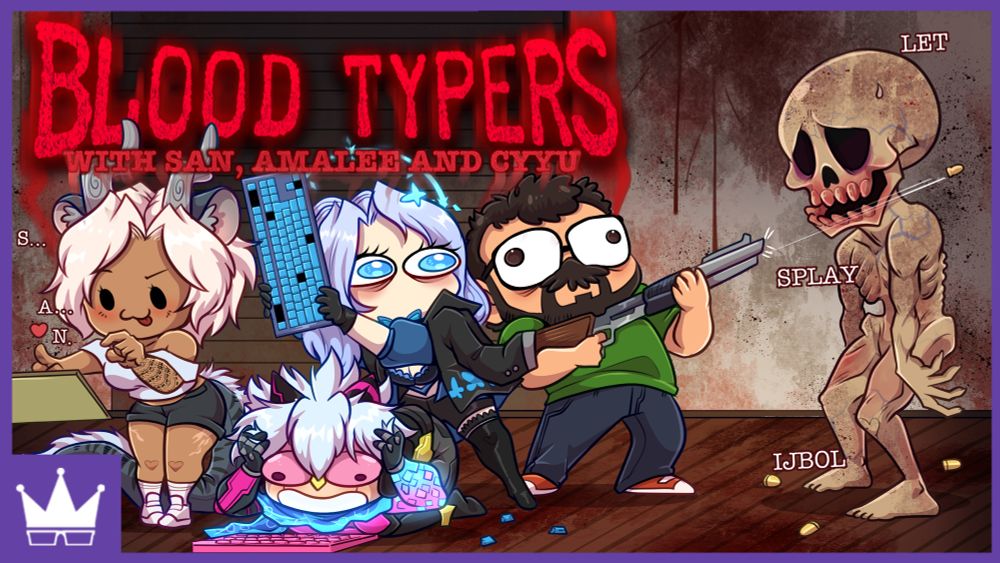 In an abandoned, bloody mansion with gunk and grime covering the walls, a Blood Typers monster, a skeleton-like zombie with tight, greasy skin and showing ribs, looks worrisome as a bullet whizzes harmlessly past its skull-like head. Around the zombie are the words “Let”, “Splay”, and “ijbol” in a typewriter font. In front of it, in varying degrees of stress, are San, Amalee, CyYu and Ray. San is hunting-and-pecking her name casually and happily out on her beige-colored keyboard. Beneath her, CyYu kneels, screeching at his pink keyboard, holding his head in his hands. Amalee stands above CyYu, holding her keyboard as a bludgeoning weapon, ready to swing. Ray stands with the only shotgun in the room, but is an exceptionally poor shot.