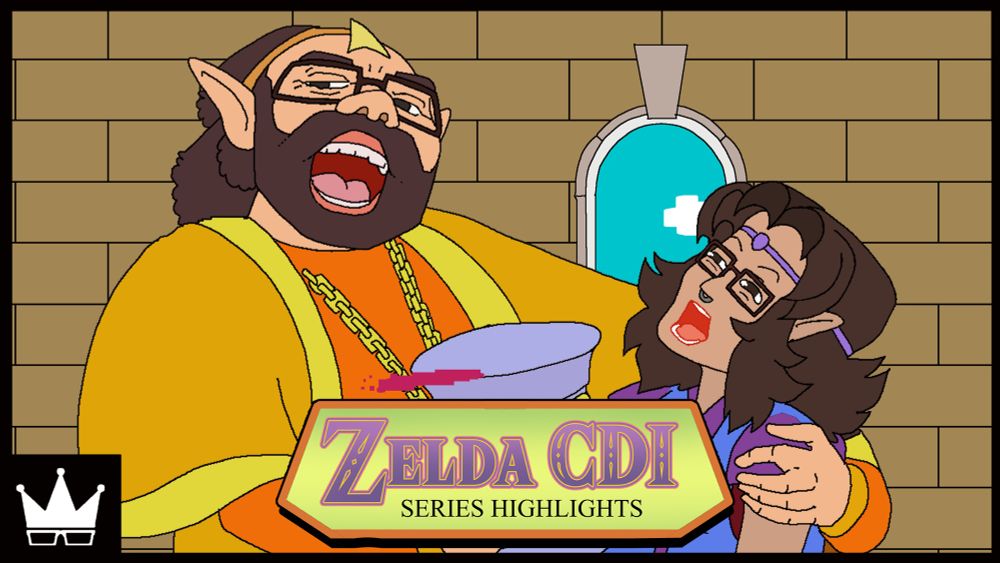 Ray and Tina pose and laugh (very awkwardly) as Princess Zelda and King Harkinian in a famous animation still from the Zelda CDI game