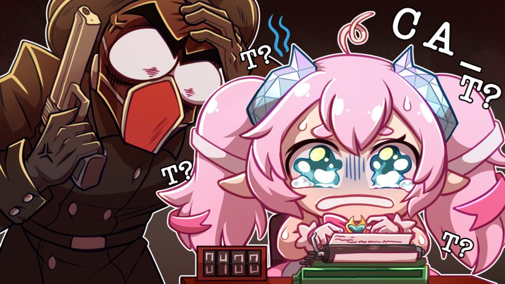 Chibi struggles to find the T key on a typewriter to spell “cat” as her Final Sentence guardian looks on in intense frustration, holding their forehead in bewilderment and rage