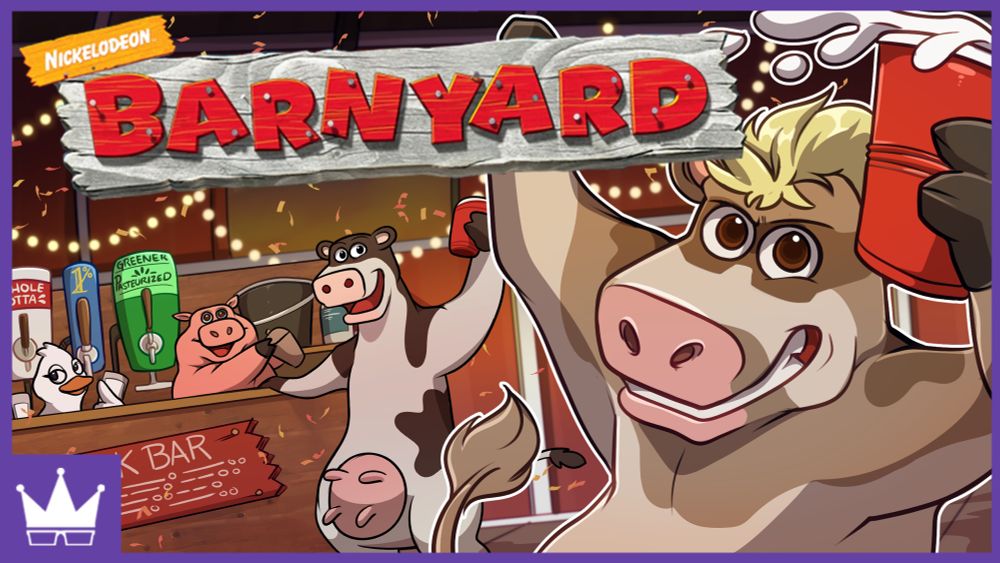 Inside a barn, a milk bar stands in the background being manned by a goose and pig, serving milk to Otis from the TV show Barnyard. In the foreground, the custom cow protagonist cheers with milk spilling out of a red solo cup. 