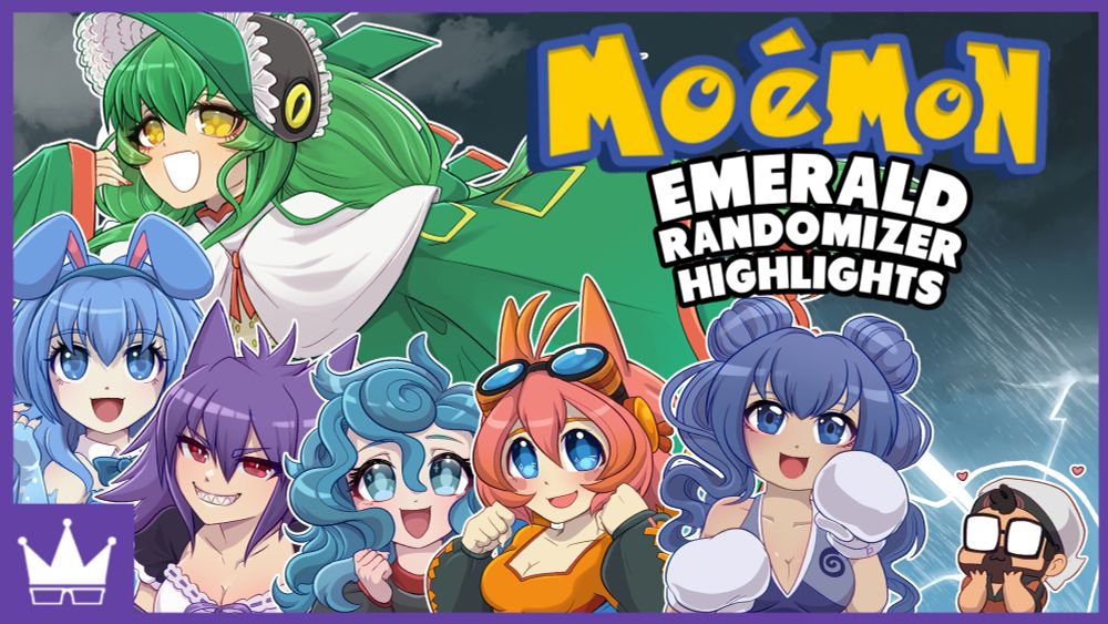 A lovely collection of Moemon ladies including Rayquaza, Azumaril, Gengar, Tangela, Charizard and Poliwrath pose in front of a stormy sky titular of the climate crisis theme of the Emerald series. Ray is dressed as Brandon in the corner