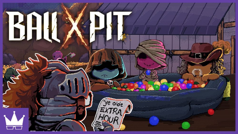 In pixel style, Ray, dressed as a warrior, holds up a ticket that says “Ye Olde Extra Hour”. In front of him, the Itchy Finger, the Repetant and the Embedder sit inside of a slightly deflated modern-day ball pit on the farm. The ball pit resembles the one used at Dashcon. 