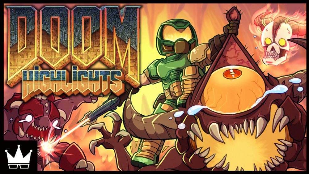 A beholder-like beast demon Cacodemon has its eyelid pulled up comically by the Doom Guy, who simultaneously is shooting another demon in the corner. 