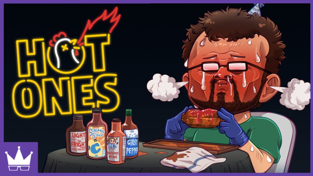 In a parody of the black-background, black-tablecloth simple set of the popular show Hot Ones, Ray sits with a tiny part hat holding a single chicken wing with blue kitchen safety cloves. His face is bright red with an exaggerated scrunch, as he sweats profusely. His lips are puckered and he is crying. On the table are 4 different sauces based on the RNJR employees. Steam is coming out of his ears 