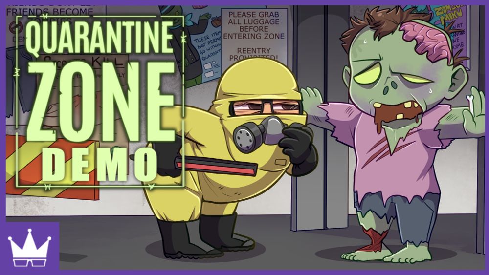 Dressed in a complete hazmat suit, Ray bends over with a metal detector rod and examines a very quite obviously zombified person with his eyes narrowed in thought. The zombie has just walked through a metal detector and is T-posing, as if being examined in an airport TSA line. He looks very annoyed. 