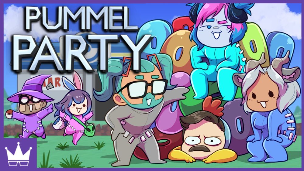 Ray, dressed in Hatsune Miku gray and green, stands with Fream and San above Rooster-colored Larry Fishburger, while Datto and Cotton skip happily away from the Pokemart in the back. Larry has been crushed by a mountain of 0s