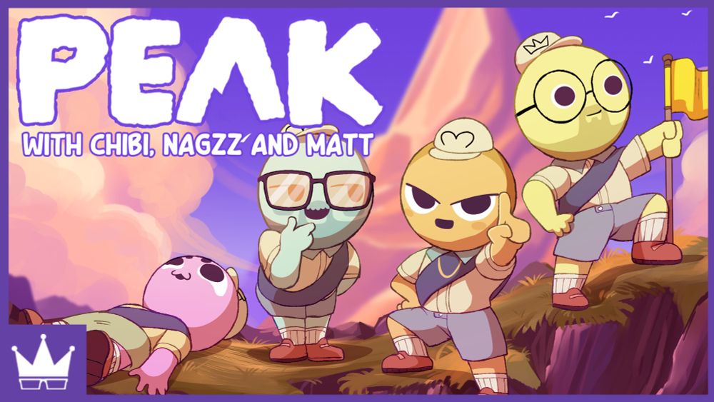 The Piss Bois — Chibi, Matt, Nagzz and Ray — stand on a slope in front of a mountain with warm hues of purple and orange. Chibi lies on the ground in Dies of Cringe. Matt holds his chin. Nagzz wiggles his finger in “No No No” and Ray holds the flag to claim their stake on the mountainside