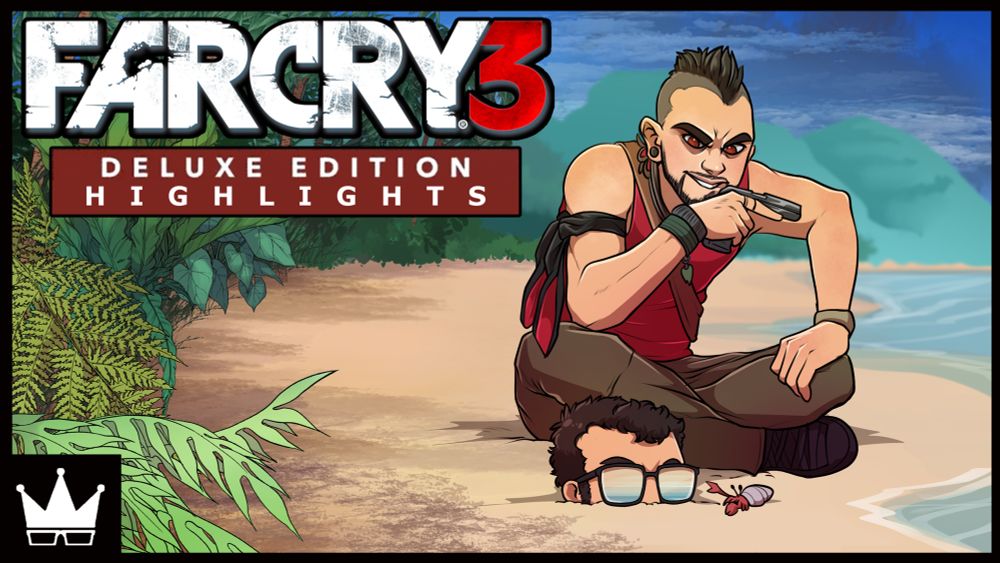 In a redux of the Far Cry 3 splash art, Ray’s head is buried in the sand on the beach of the island as Vaas sits with his legs crossed, holding a gun in one hand.