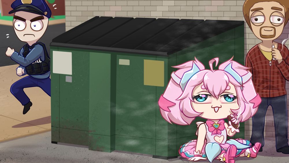 Chibi, in her normal style of her pink-and-blue coquette skirt, sits behind a green dumpster with her legs out in front of her. Beside her, Benji, one of the game’s beloved dealers, stands smoking. Both Chibi and Benji’s eyes are pointing in two different directions, and Chibi’s are rimmed red. Smoke clouds gather around them. Benji just looks happy to be there. Behind them, on the other side of the dumpster on the sidewalk out of the alleyway, a beat cop runs determinedly, but does not appear to see the two he is chasing after.  