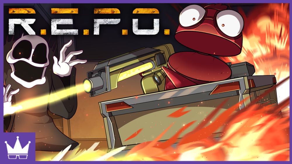 On top of the collection cart, red REPO bot Ray yells as he brandishes the new cart lazer. Large explosions follow the lazer’s path in the fore and background. The masked monster stands with its arms up in shock in the background