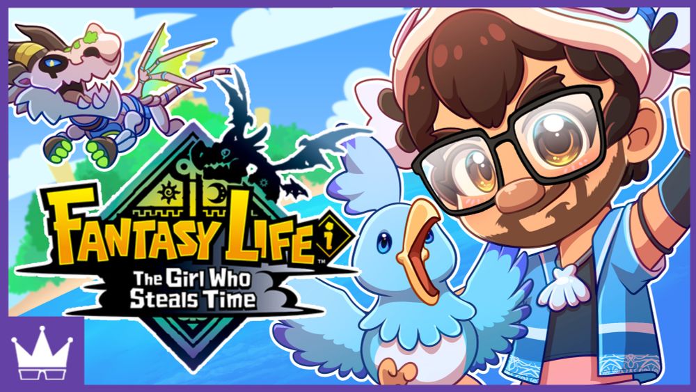 Dressed as his job as a Fisherman with a white fish cap on his head and a seashell necklace with his blue bird companion, Ray stands in front of the tropical island of Fantasy Life i. The skull bone dragon flies above the title in the sky above.
