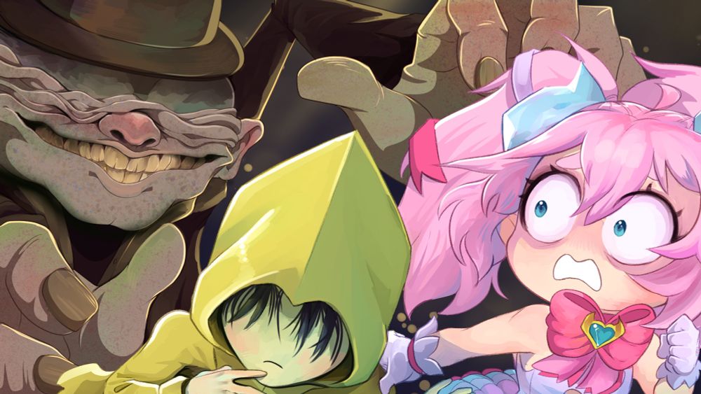 Chibi and Little Nightmares protagonist Six run hand-in-hand away from the Janitor 