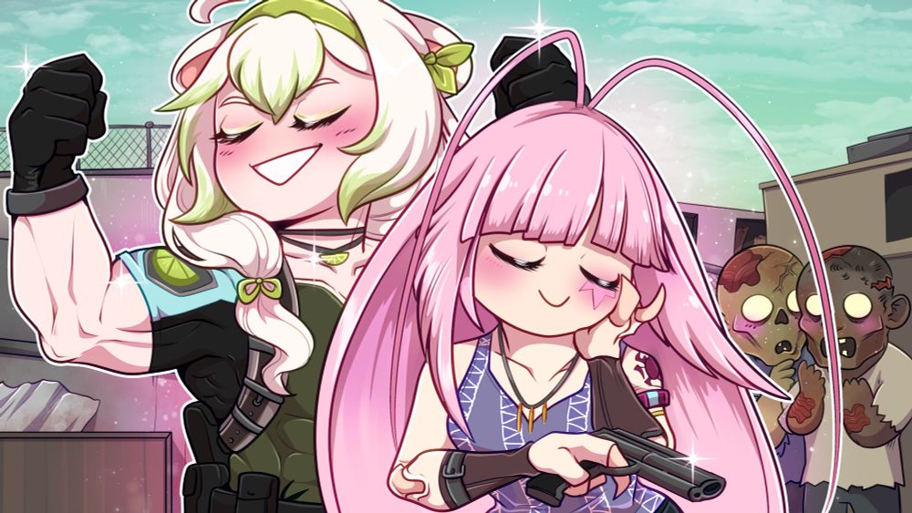 Standing in front of the zombie-infested town in Kijuju, Limes and Matara strike a mutually admiral pose with each other. Mata, dressed as Sheva, holds a gun but also holds a clawed cockroach hand to her blushing face, her eyes closed in delight. Her pink hair is swaying slightly as she is swooning inwards towards Limes. Behind her, flexing giant Chris-Redfield sized bicep muscles with a custom Lime emblem on the short sleeve of her uniform, Limes smiles with her teeth, cheeks red and eyes also closed. Sparkles and pink atmosphere radiate off the two of them. Behind Mata, blushing, stand two cartoon zombies, who are huddled close together, also blushing and looking awed. 