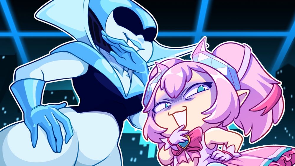In the Cyber City, the Queen and Chibi stand at a worm’s eye (Berdly’s?) view, cackling with their hands daintily covering their mouths in the 90’s villainess fashion. 