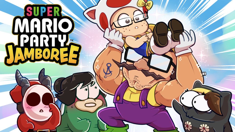 Ray, dressed as Wario, with huge inflatable arms, holds JoCat, dressed as Toad, above his head. San, Lucia and Glasses who are Shy Guy, Spike and Ninji, look upon in wonder