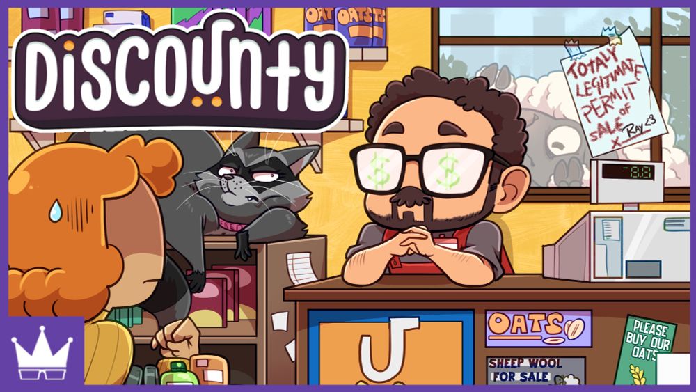 In a yellow corner shop with many goods and items along its shelves, Ray stands behind a sale counter with a red apron and customer-service smile. On the window behind him is a “legitimate permit of sale” as well as a very raccoon-looking “cat” lounging on the shelf beside him. The customer approaching the counter looks perturbed at the way things appear to be run 