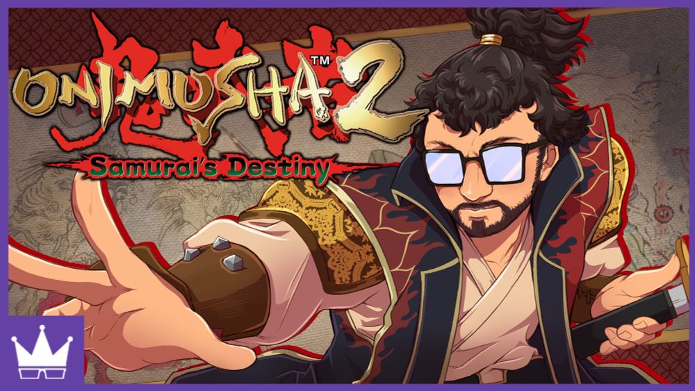 In front of a classic yokai parade traditional sumi-e painting, Ray, dressed as the protagonist of Onimusha 2, stands waist-up with his hand reaching out towards the camera, his left thumb at his waist drawing the sword out from its golden hilt. 