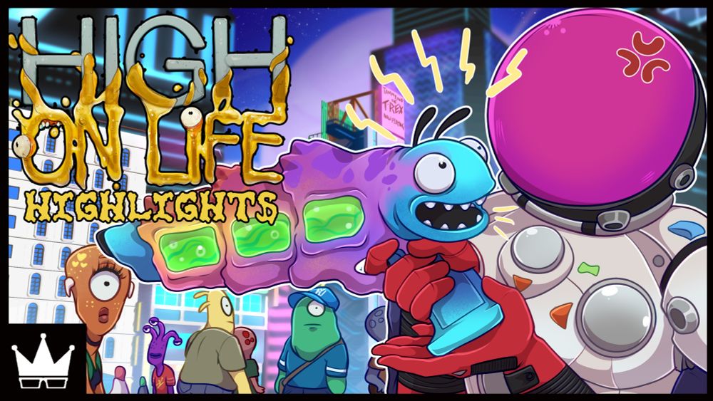 A colorful alien gun is reloaded in an alien cityscape as onlookers take notice of the odd couple; the spacesuit-wearing protagonist seems fed up with the constant chatter of his ammunition companion. 