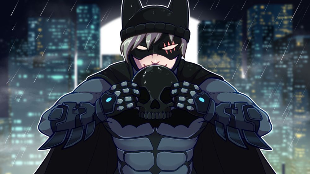 Cream, dressed as Batman, stands in front of a rainy city as he holds up the Black Mask of…black mask, a villain in the Arkham games