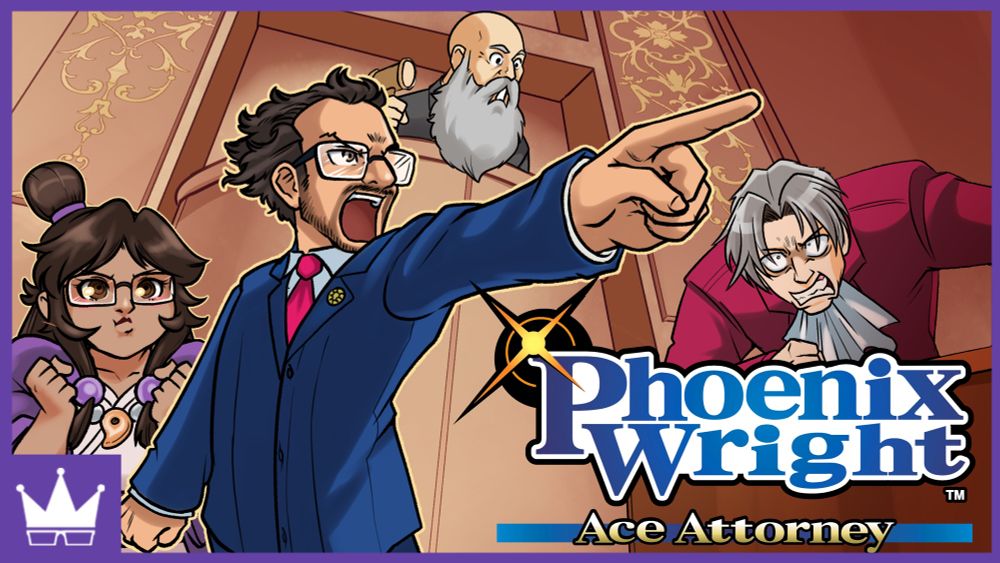 Ray, dressed and stylized as Phoenix Wright, ace attorney, stands with his finger out accusingly while Tina, dressed as Maya, stands behind him. Miles Edgeworth pounds the prosecutor’s desk with his fist angrily while the judge looks on, surprised. 