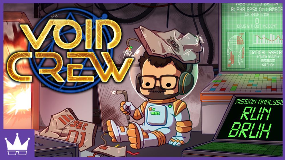 Ray, sitting on the floor in an orange-and-white space suit, with a welded piece of ceiling on his helmet, holds a welding gun while the surrounding space ship shows varying degrees of stress and explosion. In the corner, a mission briefing tablet reads “Mission Analysis: RUN BRUH”