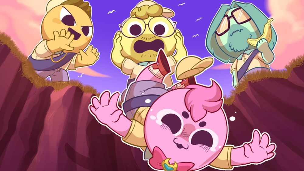 Nagzz, Ray and Matt stand above a ravine. Nagzz is seen with his arms out in front of him in a shoving motion, smiling and his eyes looking mischievous. Ray holds his head and looks stunned. Matt is holding a banana and looks unamused. Falling headfirst into the ravine is Chibi, who falls with her arms splayed out and losing her hat. 
