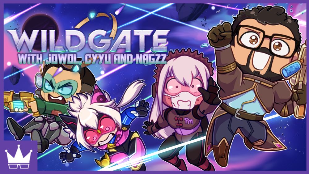 In the colorful purples, blues, and pinks of a far-away fantasy nebula, Ray, CyYu, PorcelainMaid and Nagzz float off their ship. Nagzz, CyYu and Porcelain are all robots in their design while Ray is dressed as a fantasy engineer. He does not seem to mind that they are all getting shot at with space lasers