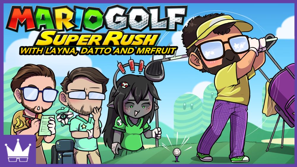 In the backdrop of the mushroom kingdom, Ray, dressed in Wario’s yellow and purple, swings a golf club but has completely missed the golf ball on the tee. Layna, as Yoshi, sees this and looks disappointed. Datto and his Destiny companion (wearing a little golf hat) look bemused. Mr Fruit as DK is taking notes. 
