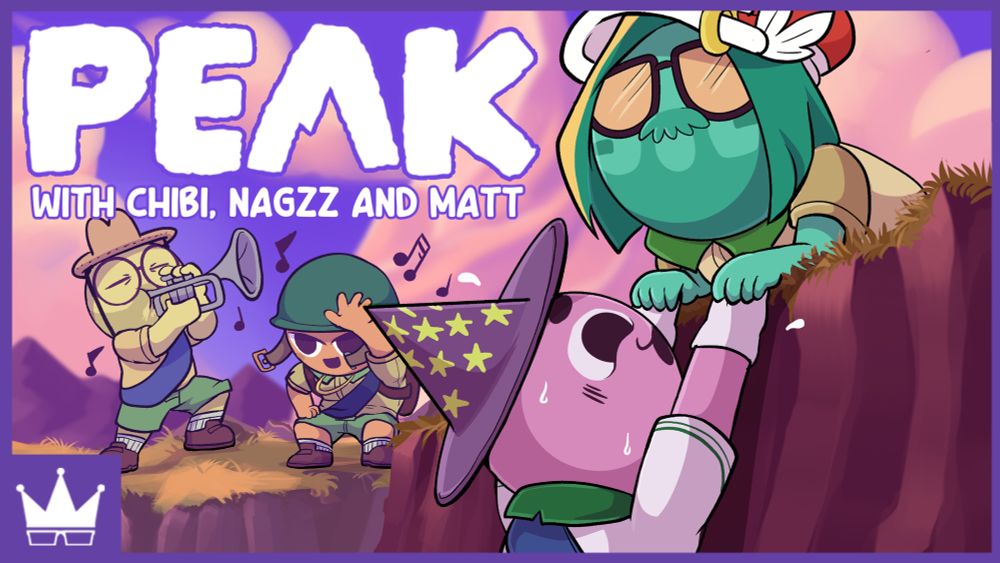 Matt lies on his stomach on the ground above a cliff, which Chibidoki hands by her hands from. She looks scared while Matt does not appear to have any distinct expression. His hands are placed on hers in a “Long Live the King” style. Behind them, on a safe ledge, Ray plays the Bugle while Nagzz dances with his arms out