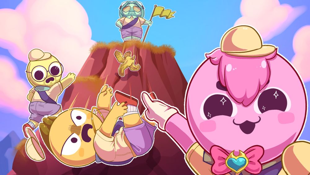 Chibi stands with her eyes sparkling near the front of the camera, pointing back in the wojack pointing meme. Nagzz is behind her, falling off the mountain along with a banana. Ray is seen off the side, his head turning around to watch Nagzz fall with worry on his face. Matt stands on top of the peak with the yellow PB flag stuck in the ground, looking proud of himself. He wants Nagzz to know it was him. 