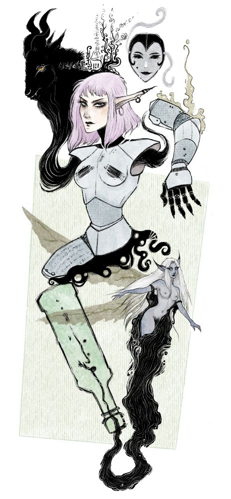 A ghost looking for a new body & dreaming of her old life in which she always wore a mask. A faerie who was released from a bottle of absinthe. And the goblin beast who cursed them both (we think).