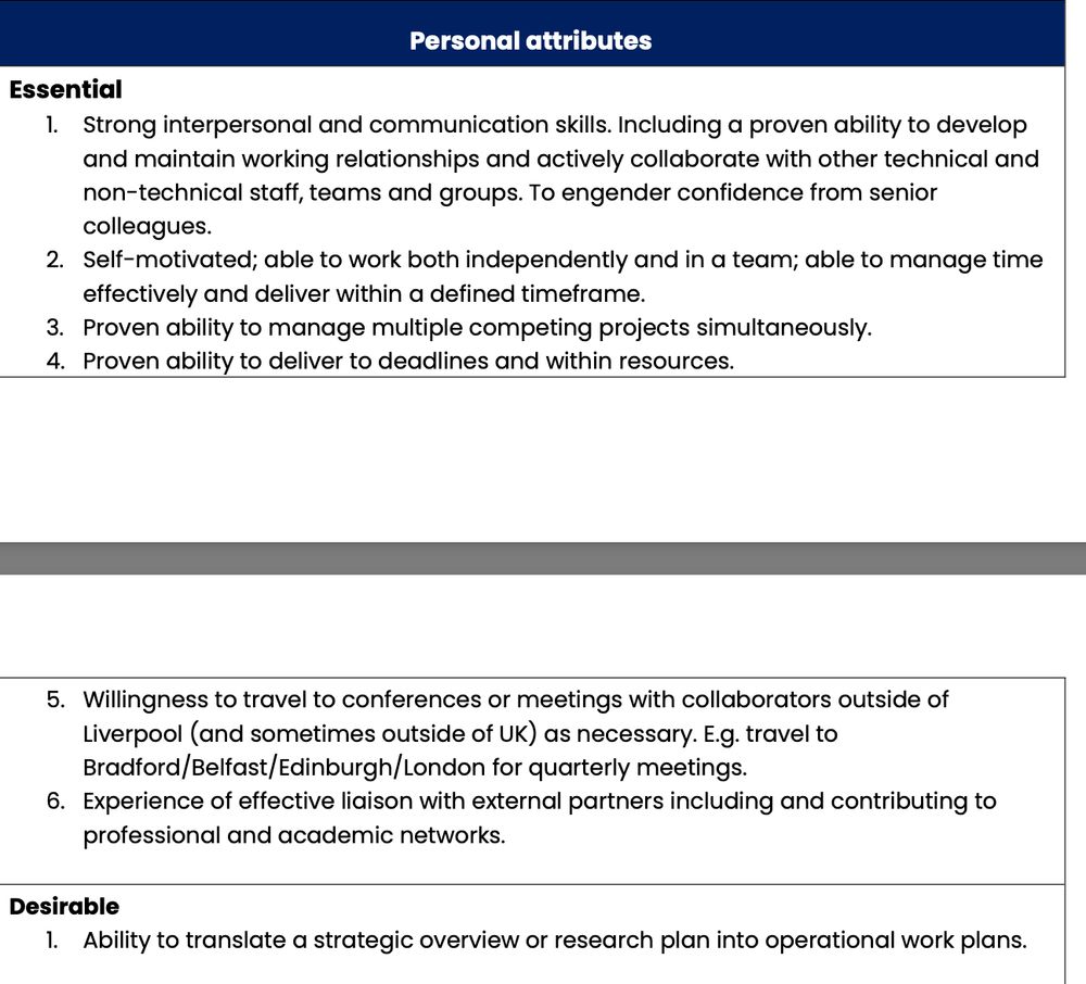 Personal attributes

Essential
1. Strong interpersonal and communication skills. Including a proven ability to develop and maintain working relationships and actively collaborate with other technical and non-technical staff, teams and groups. To engender confidence from senior colleagues.
2. Self-motivated; able to work both independently and in a team; able to manage time effectively and deliver within a defined timeframe.
3. Proven ability to manage multiple competing projects simultaneously.
4. Proven ability to deliver to deadlines and within resources.
5. Willingness to travel to conferences or meetings with collaborators outside of Liverpool (and sometimes outside of UK) as necessary. E.g. travel to Bradford/Belfast/Edinburgh/London for quarterly meetings.
6. Experience of effective liaison with external partners including and contributing to professional and academic networks.

Desirable
1. Ability to translate a strategic overview or research plan into operational work plans.