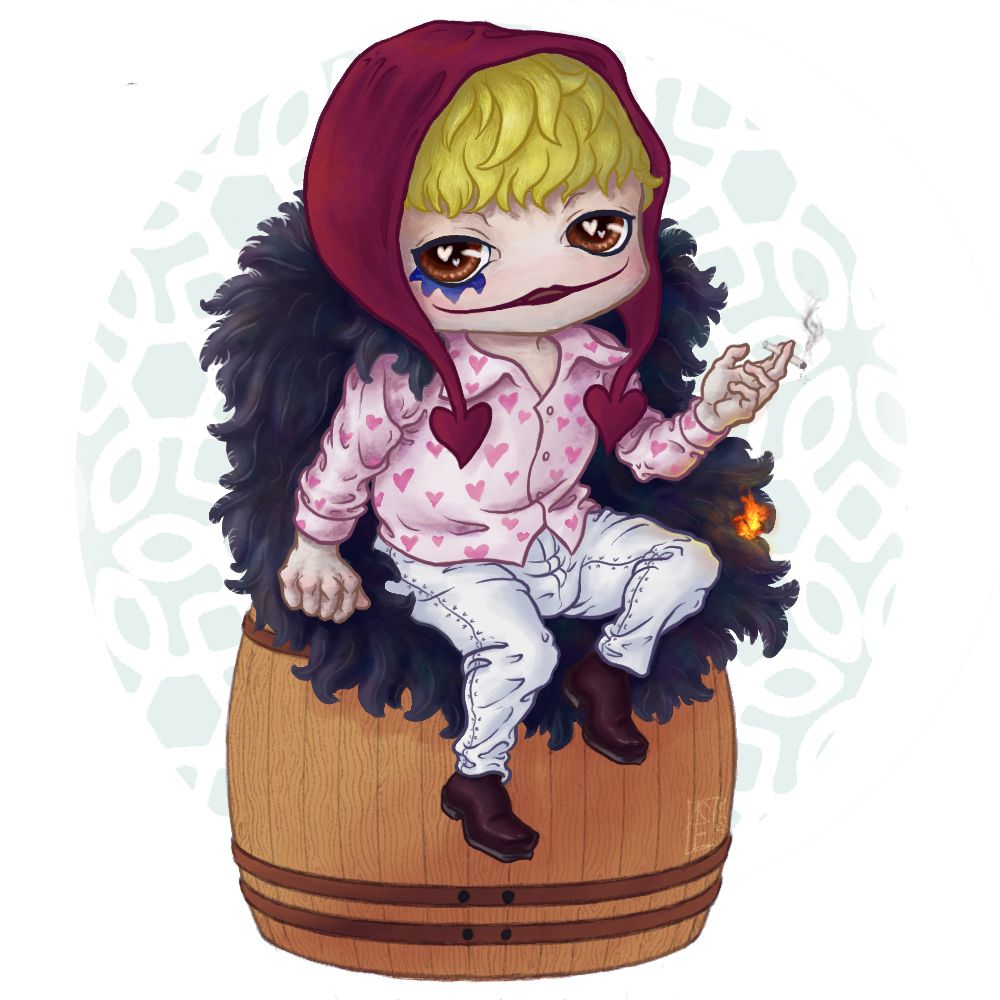 Digital illustration of Donquixote Rosinante from One Piece as a chibi. He's sitting on a barrel with a relaxed pose and disaffected expression as the ashes from the cigarette he's smoking light part of his coat on fire.