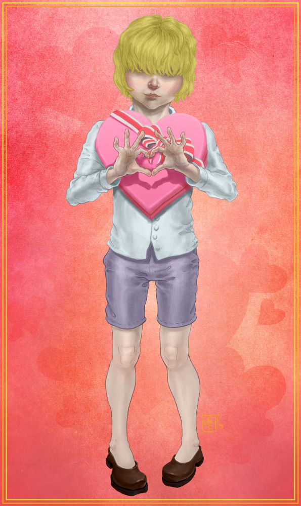 Full body digital illustration of the child version of Donquixote Rosinante from One Piece done in the style of a vintage Valentine's Day card. He's standing facing the viewer with a cherubic smile while his bangs obscure his eyes from view. He holds a pink heart-shaped gift box and making a heart shape with his fingers. The background is a red and orange watercolor illustration with faint heart shapes framing Rosinante.