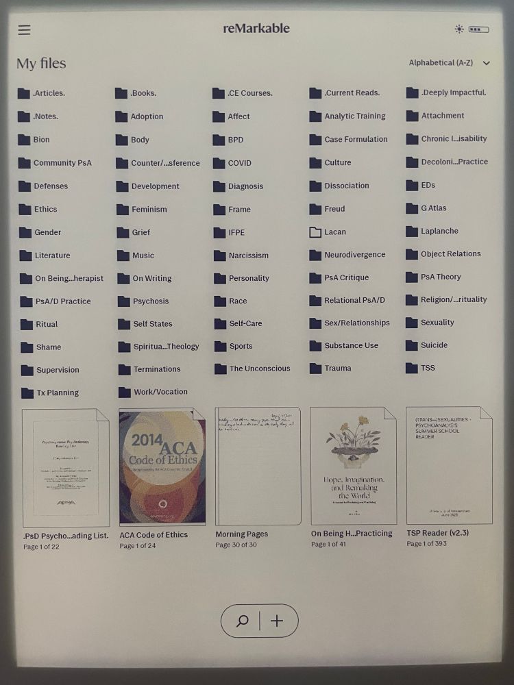 A picture of a Remarkable Pro tablets with many folders, mostly by subject name but a few major writers (Freud, Bion, Galit Atlas, etc) as well