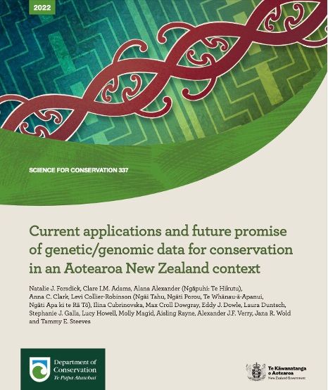 Cover of Forsdick et al. which features a digital illustration entitled Kia taiao ora, kia tangata ora by Isobel Joy Te Aho-White. Isobel Joy's illustration combines the principles of science through a Western lens with Mātauranga Māori understandings of whakapapa. The structures of DNA and a phylogenetic tree are treated with traditional Māori design to bring them into a contemporary, multicultural context. Here the DNA is envisaged as pātiki kōwhaiwhai, a pattern seen on the rafters of wharenui, to represent manaakitanga (hospitality), our connection to the environment, and how nourishment of the environment in turn nourishes the people. Behind is an abstracted phylogenetic tree with a weaving pattern treatment based on raukūmara and poutama designs, to represent connections/whakapapa and learning respectively.

Isobel Joy Te Aho White (Ngāti Kahungunu ki Wairoa, Kāi Tahu, Pākehā ki te Cornwall me te Denmark) is an illustrator based in Wellington, with a Bachelor of Design from Massey University, majoring in Illustration. Much of Isobel’s work incorporates Māori design and plant life that is native to Aotearoa New Zealand, and is inspired by her ancestral lineages of healers on both Māori and Pākehā sides.
