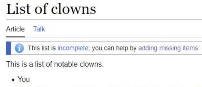A screenshot of a Wikipedia article titled "List of clowns". The article text says "this is a list of notable clowns. You"