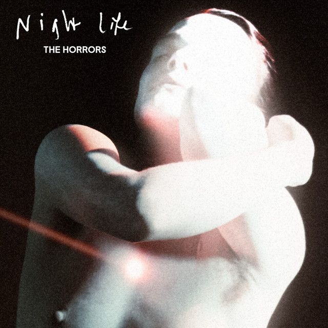 The Horrors' 2025 album Night Life. On the cover, a pale person with dark hair crosses their arms near their face, illuminated in bright white light against a black background 