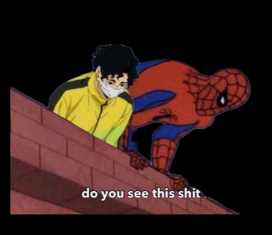 Sticker of Spider-Man and Sakusa Kiyoomi looking down over a brick wall with “do you see this shit” captioned at the bottom. 