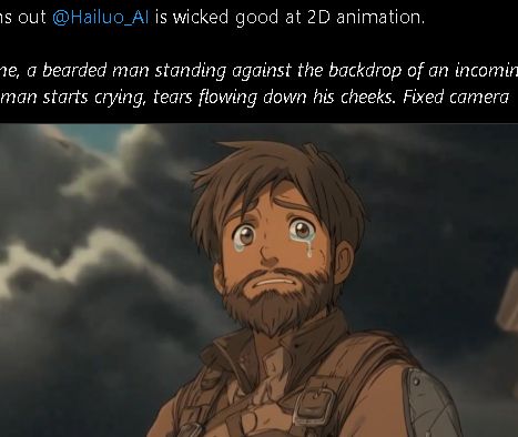screenshot of a tweet praising some dumb AI engine for "wicked good 2D animation" but the character depicted looks like your typical 13 years old shonen protagonist with a full beard pasted on him. What's shown of his attire also makes no logical sense, and the whole thing is made even more baffling by the outfit's color largely being the same shade as the protagonist's skin color.