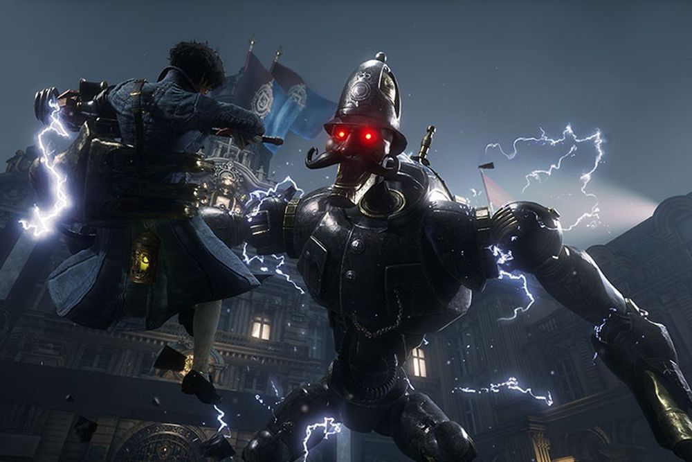 lies of p render where the boss scrapped watchman (disused cop puppet with the gait of a gorilla) is snatching up the protagonist in one hand while crackling with electricity and adorning a malevolent expression emphasized by its two red eyes. The backdrop is Krat's city hall building.
