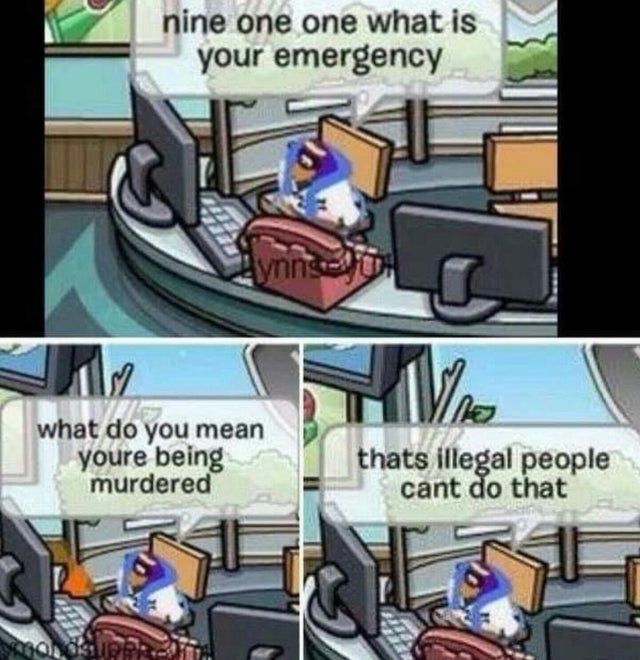 club penguin meme , 3 panels- penguin at desk answers phone 