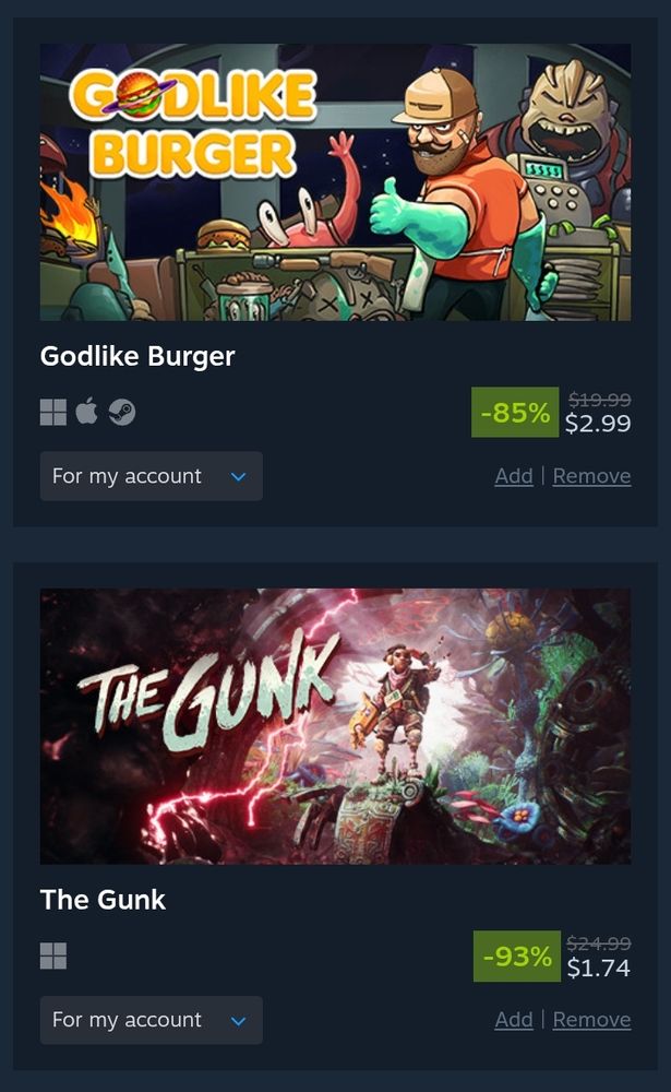 GODLIKE BURGER 85% OFF 2.99 /// THE GUNK 93% OFF 1.74