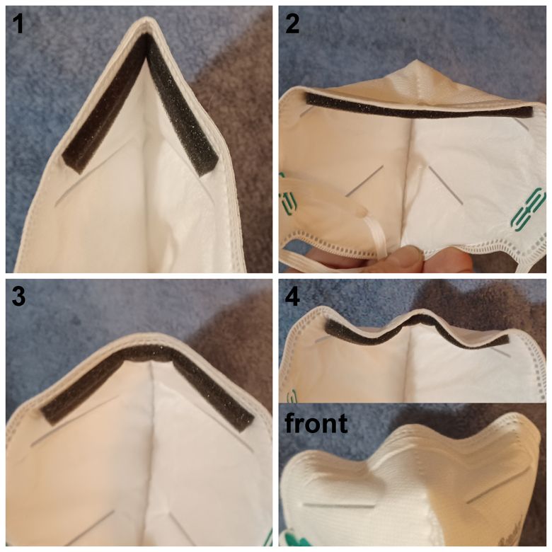 how to quickly customize the clip of any mask for better fit--- step 1, take that triangle and unfold it flat. step 2, take that flat nose and put a crimp in it a few cm on each side [to your bridge size, you'll figure it out] step 3 is fold up the sides of the longer flaps of the clip so the mask will hug tighter to your cheeks!