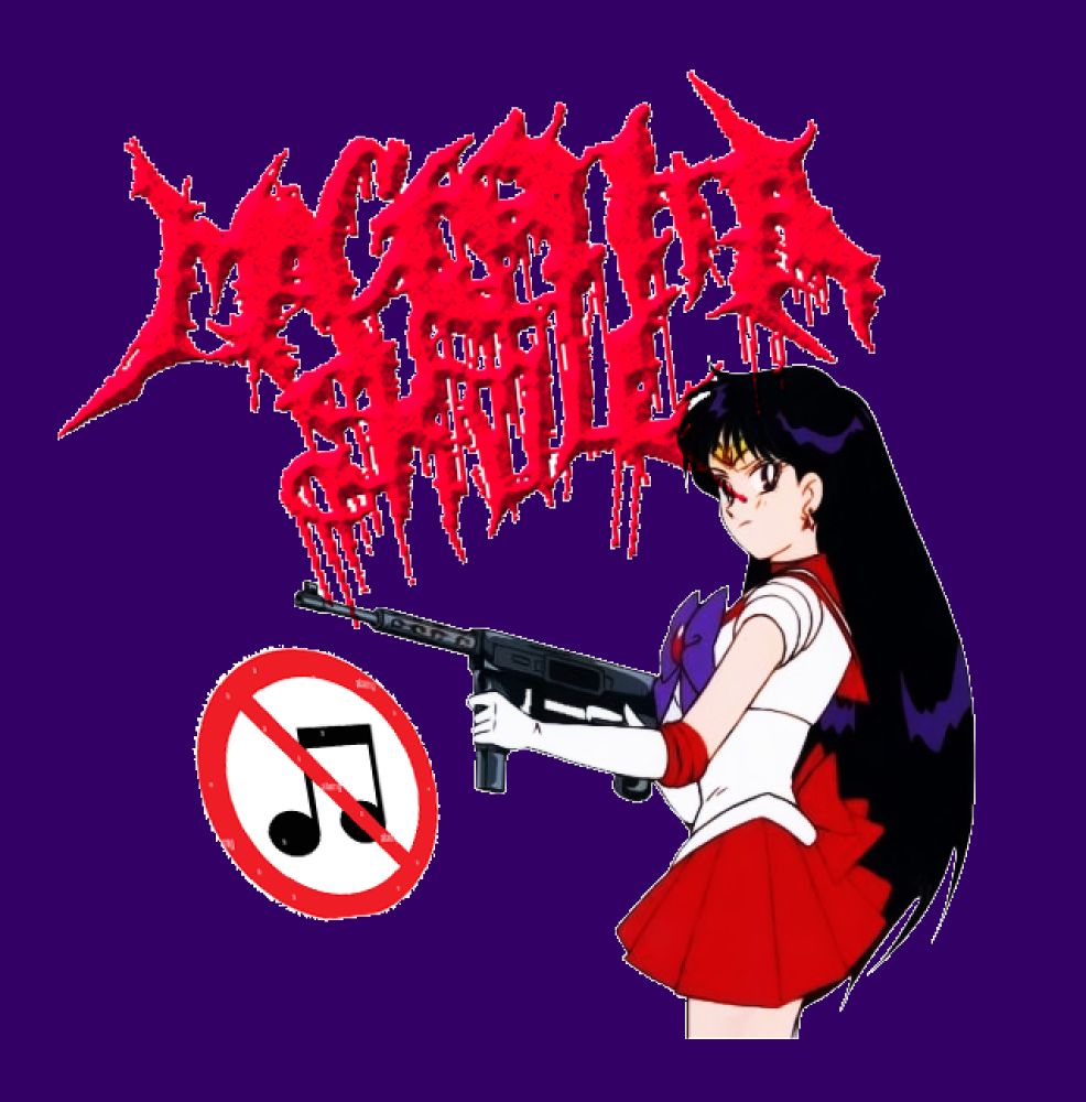 purple background, sailor mars holds a submachine gun in front of a clipart international "no music" sign. behind her on top large is a pixelated embossed red MAGENTA SKULL text dripping pixel blood with a crude white outline https://ko-fi.com/magentaskull