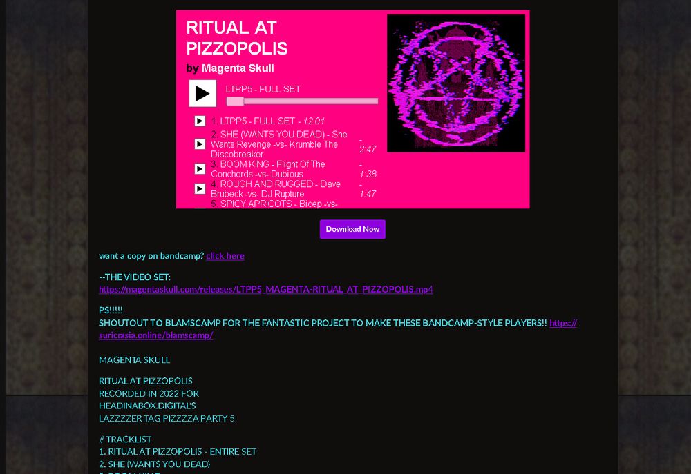 blamscamp version of my release RITUAL AT PIZZOPOLIS! you can see the little html5 player running on the site to let you put releases up on itch.io playable in the browser, bandcamp-style

the release: https://notsleeping.itch.io/ritual-at-pizzopolis